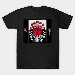 BLACK WHITE RED ROSES AND ROSEBUDS Art Nouveau Floral T-Shirt